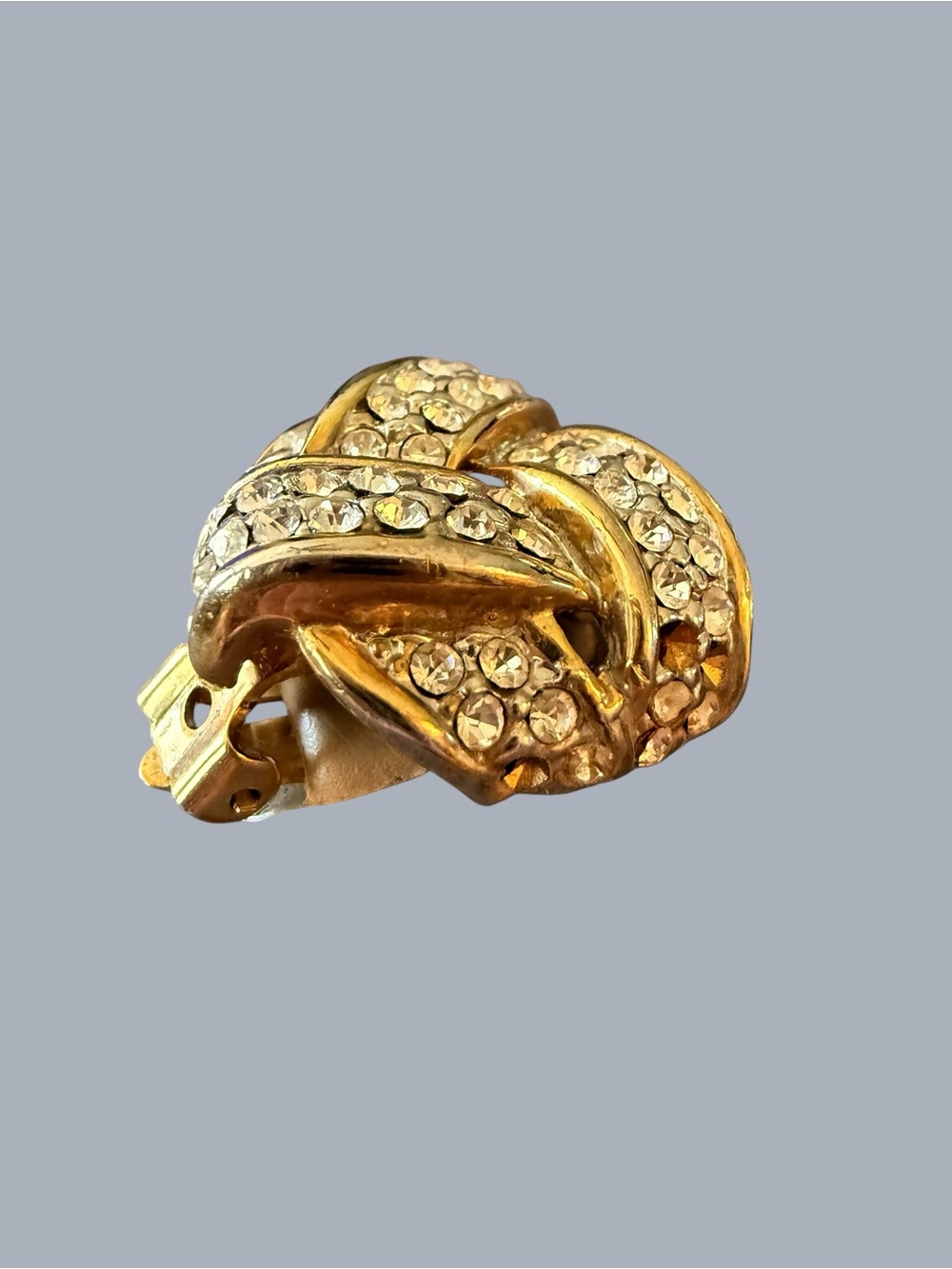Vintage Jean Doucet GoldTone Rhinestone Clip-On Earring Designer Statement Knot - Picture 7 of 9